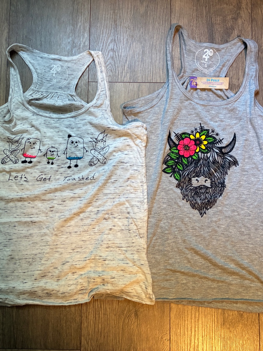 2 Gray Racerback Tank Tops 1.Floral Highland Cow Graphic 2. Marshmallow family-M